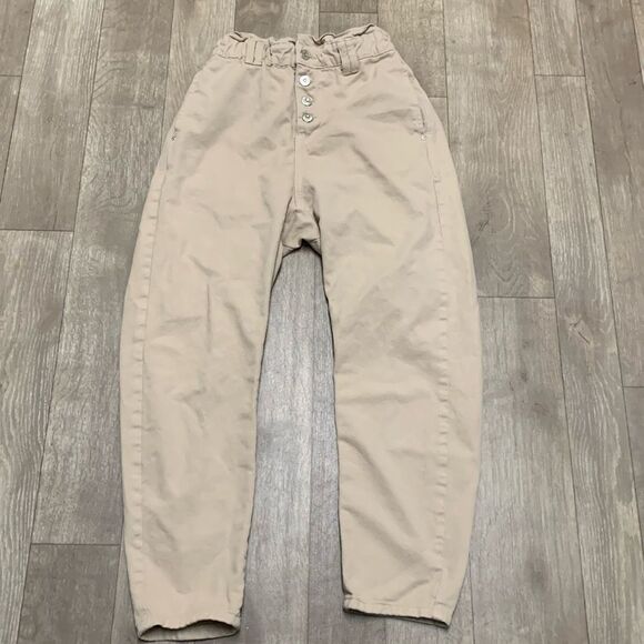 Womens Zara Paperbag Button Fly Baggy Loose Fit High Rise Khaki Ankle Pants - Picture 1 of 8